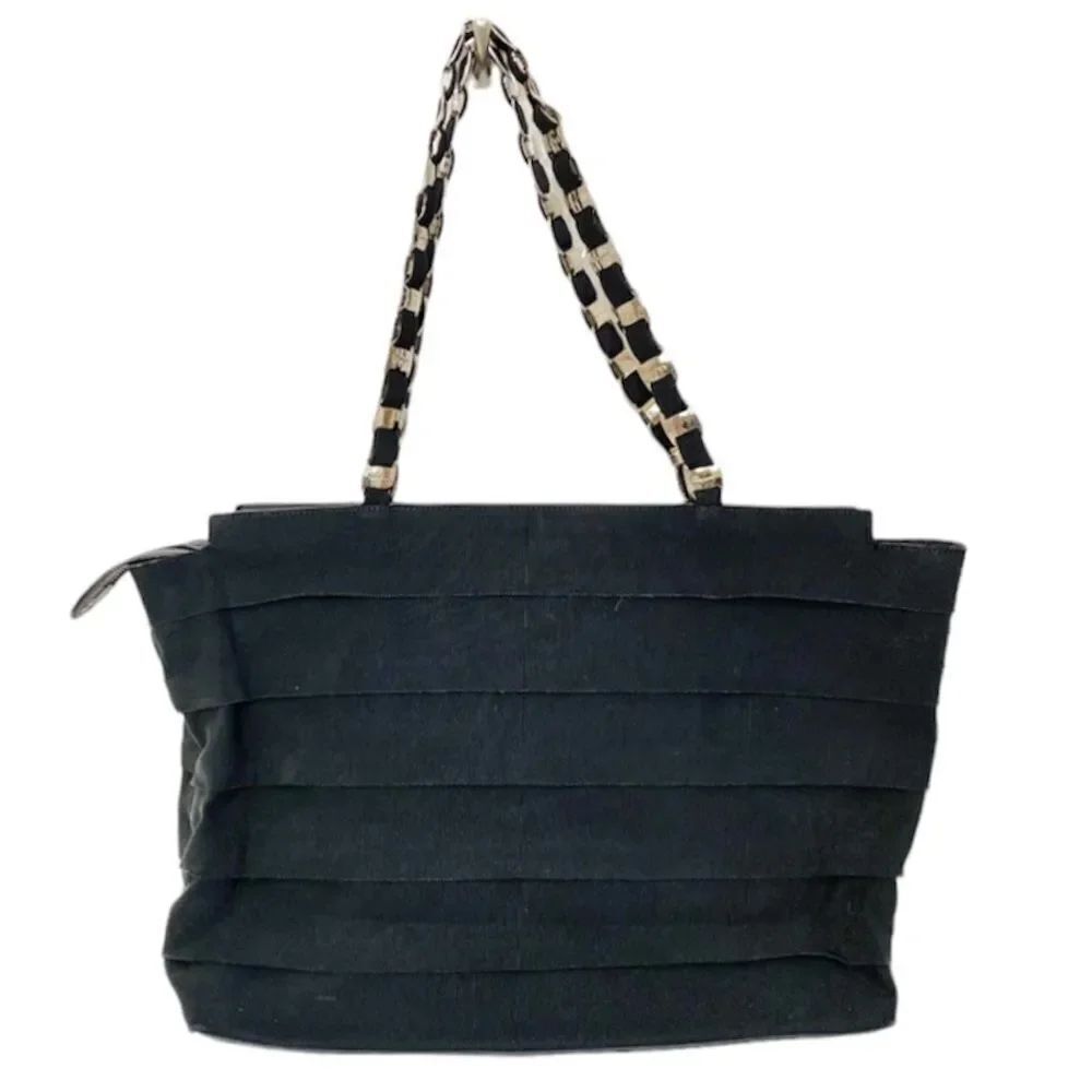 Salvatore Ferragamo Black Canvas & Leather Chain-Link Handle Tote Shoulder Bag